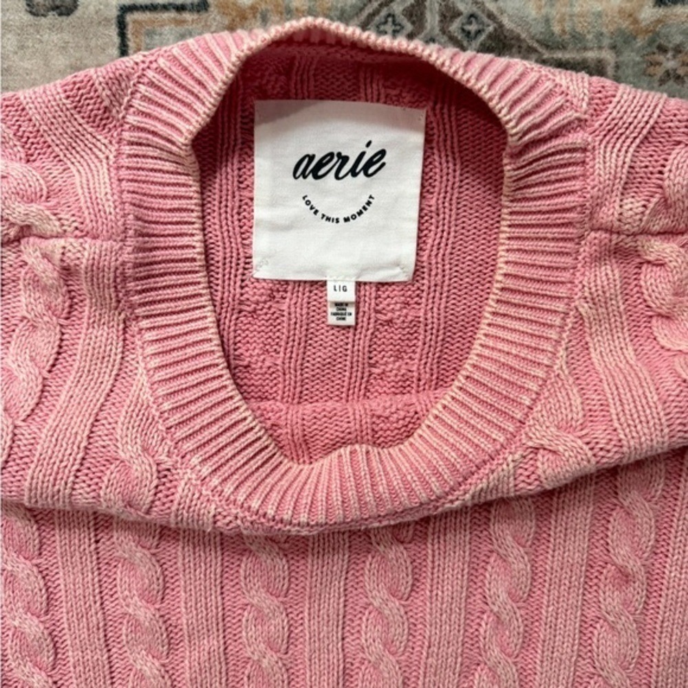Aerie Cotton Pink Cable Knit Cropped Sweater L Barbiecore Coquette Clean Girl - Picture 7 of 8